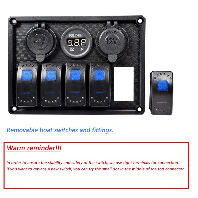 Garfour 5 Gang Boat Switch Panel Waterproof Rubber Panel Dual 3.1A USB 12V Slot Socket LED Light Voltmeter Rocker Switch Panel for Car Boat Truck - Image 4